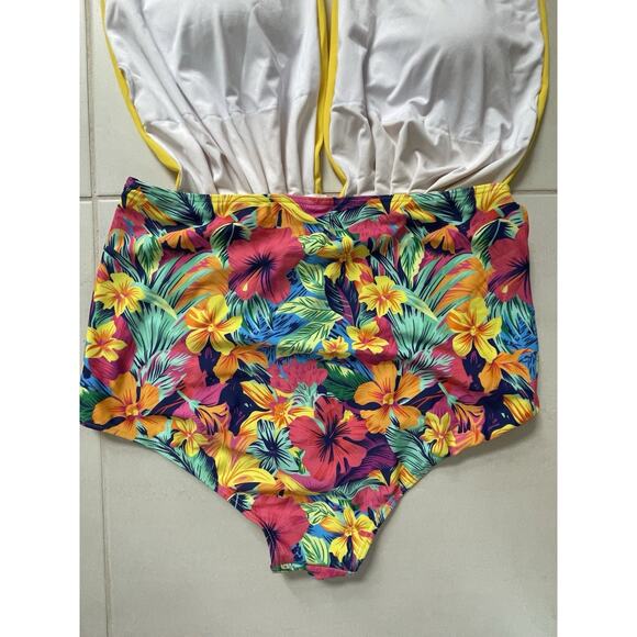 Cocoship Swim One Piece Swimsuit Halter Floral Color Block Swimwear - Picture 7 of 10